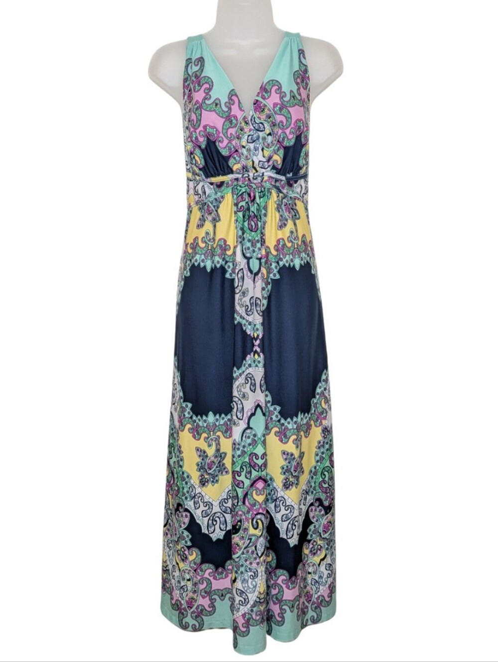 Metaphor | Long Paisley Print V-Neck Maxi Dress  Aqua and Navy | Wedding | Party
